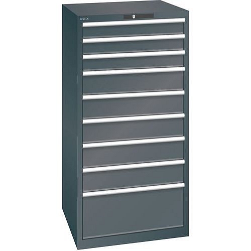 Dílenská zásuvková skříň LISTA, 9 zásuvek = 3 x 100 / 5 x 150 / 1 x 300mm, 717x725x1450mm, nosnost 75kg, černá