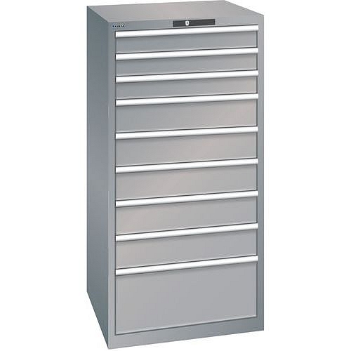 Dílenská zásuvková skříň LISTA, 9 zásuvek = 3 x 100 / 5 x 150 / 1 x 300mm, 717x725x1450mm, nosnost 75kg, šedá/stříbrná