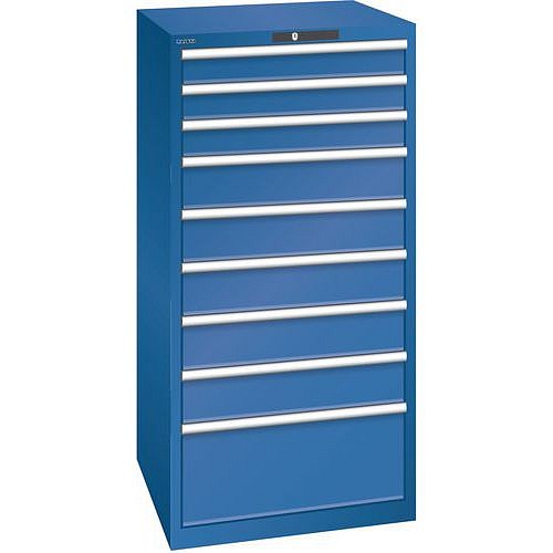 Dílenská zásuvková skříň LISTA, 9 zásuvek = 3 x 100 / 5 x 150 / 1 x 300mm, 717x725x1450mm, nosnost 75kg, tmavě modrá