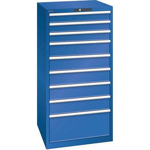 Dílenská zásuvková skříň LISTA, 9 zásuvek = 3 x 100 / 5 x 150 / 1 x 300mm, 717x725x1450mm, nosnost 75kg, fluorescentní modrá