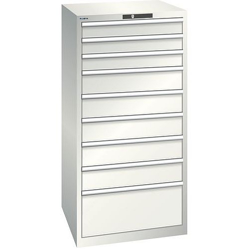 Dílenská zásuvková skříň LISTA, 9 zásuvek = 3 x 100 / 5 x 150 / 1 x 300mm, 717x725x1450mm, nosnost 75kg, světle šedá