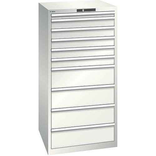 Dílenská zásuvková skříň LISTA, 717x725x1450mm, 10 zásuvek, nosnost 75kg, světle šedá