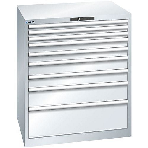 Dílenská zásuvková skříň LISTA, 870x725x1000mm, 9 zásuvek, nosnost zásuvky 200kg, šedá