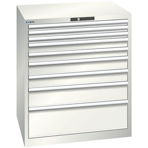 Dílenská zásuvková skříň LISTA, 870x725x1000mm, 9 zásuvek, nosnost zásuvky 200kg, světle šedá