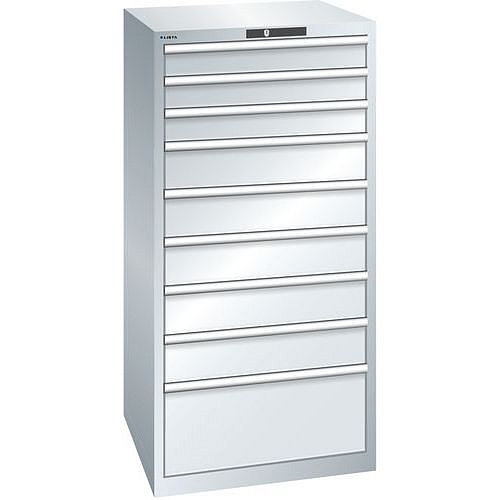 Dílenská zásuvková skříň LISTA, 9 zásuvek = 3 x 100 / 5 x 150 / 1 x 300mm, 717x725x1450mm, nosnost 200kg, šedá