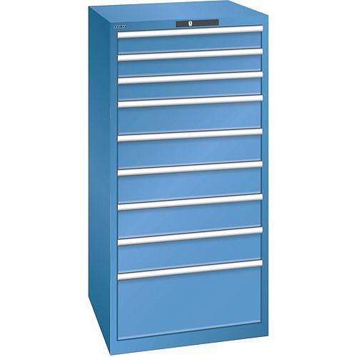 Dílenská zásuvková skříň LISTA, 9 zásuvek = 3 x 100 / 5 x 150 / 1 x 300mm, 717x725x1450mm, nosnost 200kg, modrá