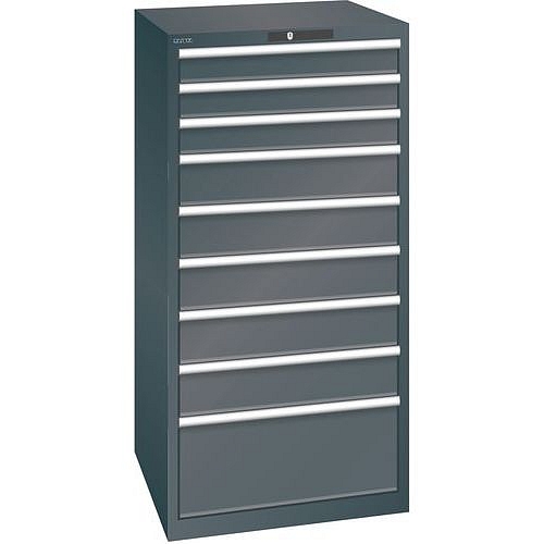 Dílenská zásuvková skříň LISTA, 9 zásuvek = 3 x 100 / 5 x 150 / 1 x 300mm, 717x725x1450mm, nosnost 200kg, černá