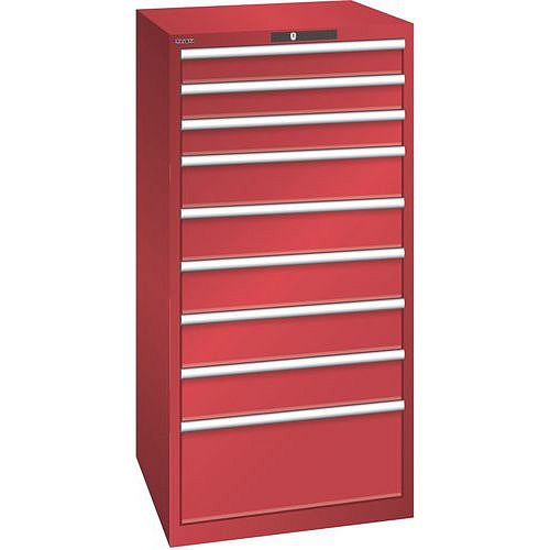 Dílenská zásuvková skříň LISTA, 9 zásuvek = 3 x 100 / 5 x 150 / 1 x 300mm, 717x725x1450mm, nosnost 200kg, červená