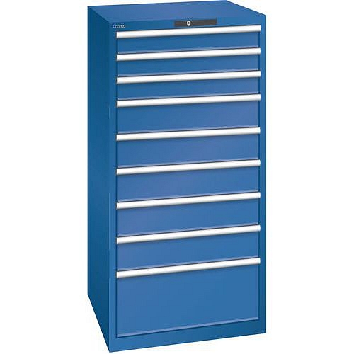 Dílenská zásuvková skříň LISTA, 9 zásuvek = 3 x 100 / 5 x 150 / 1 x 300mm, 717x725x1450mm, nosnost 200kg, tmavě modrá