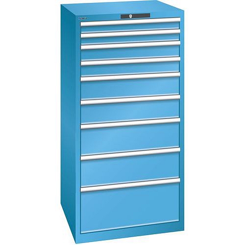 Dílenská zásuvková skříň LISTA, 9 zásuvek = 2 x 75 / 2 x 100 / 2 x 150 / 2 x 200 / 1 x 300mm, 717x725x1450mm, nosnost 200kg, světle modrá