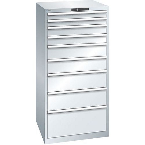 Dílenská zásuvková skříň LISTA, 9 zásuvek = 2 x 75 / 2 x 100 / 2 x 150 / 2 x 200 / 1 x 300mm, 717x725x1450mm, nosnost 200kg, šedá