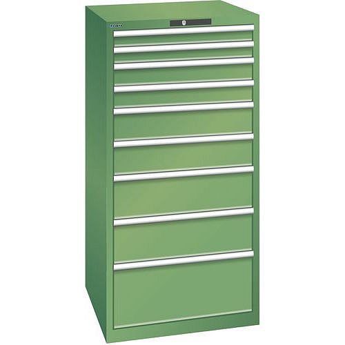 Dílenská zásuvková skříň LISTA, 9 zásuvek = 2 x 75 / 2 x 100 / 2 x 150 / 2 x 200 / 1 x 300mm, 717x725x1450mm, nosnost 200kg, zelená