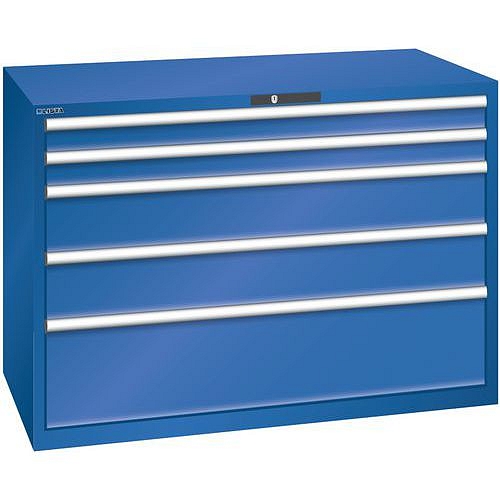 Dílenská zásuvková skříň Lista, 1431x725x1000 mm, 75kg, 5 zásuvek, fluorescentně modrá