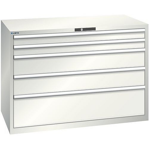 Dílenská zásuvková skříň Lista, 1431x725x1000 mm, 75kg, 5 zásuvek, světle šedá