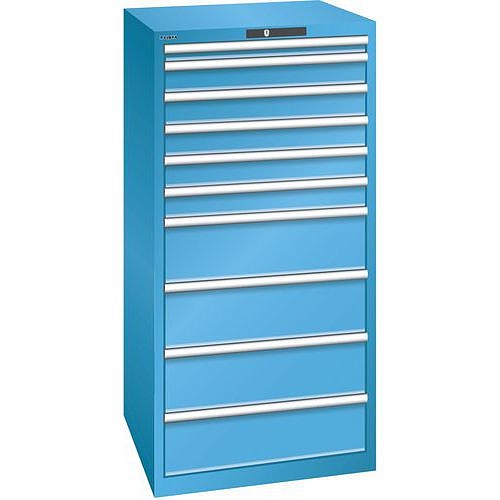 Dílenská zásuvková skříň LISTA, 717x725x1450mm, 10 zásuvek, nosnost 200kg, světle modrá