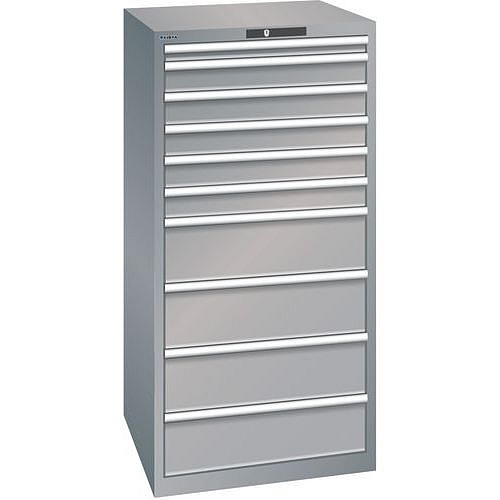 Dílenská zásuvková skříň LISTA, 717x725x1450mm, 10 zásuvek, nosnost 200kg, šedá/stříbrná