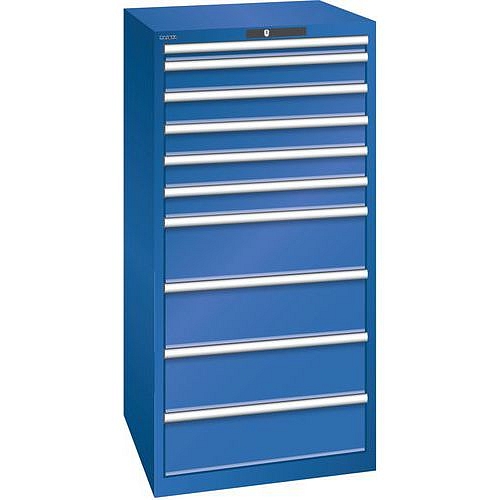 Dílenská zásuvková skříň LISTA, 717x725x1450mm, 10 zásuvek, nosnost 200kg, fluorescentní modrá