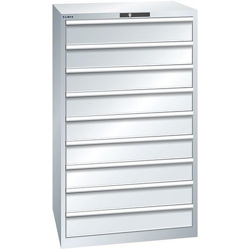 Dílenské zásuvkové skříně LISTA, 9 zásuvek = 9x150mm, nosnost zásuvky 75kg, 870x725x1450mm, šedá