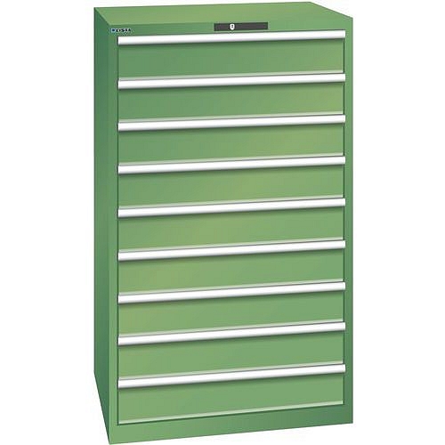 Dílenské zásuvkové skříně LISTA, 9 zásuvek = 9x150mm, nosnost zásuvky 75kg, 870x725x1450mm, zelená