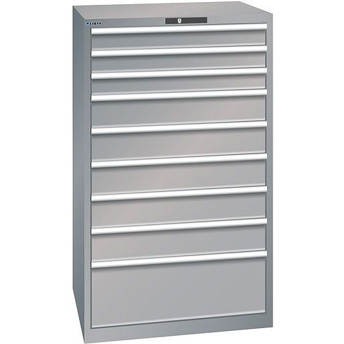 Dílenské zásuvkové skříně LISTA, 9 zásuvek = 3x100mm +5x150 +1x300mm, nosnost zásuvky 75kg, 870x725x1450mm, šedá/stříbrná