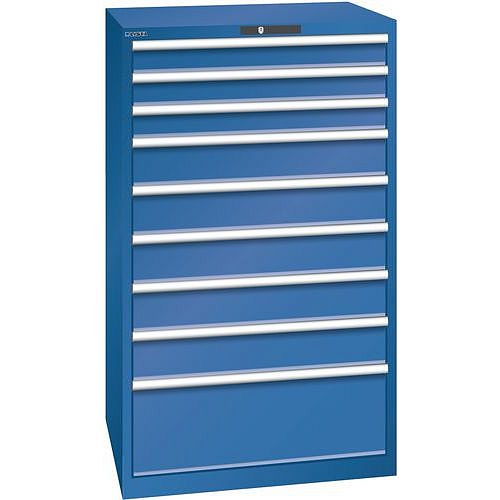 Dílenské zásuvkové skříně LISTA, 9 zásuvek = 3x100mm +5x150 +1x300mm, nosnost zásuvky 75kg, 870x725x1450mm, tmavě modrá