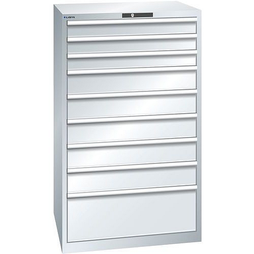 Dílenské zásuvkové skříně LISTA, 9 zásuvek = 3x100mm +5x150 +1x300mm, nosnost zásuvky 200kg, 870x725x1450mm, šedá