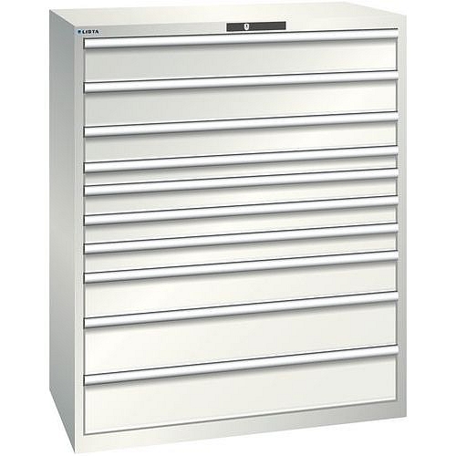 Dílenská zásuvková skříň Lista, 1193x725x1450 mm, 200kg, 10 zásuvek, světle šedá