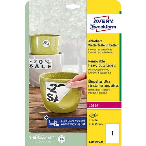 Samolepicí etikety Avery Zweckform, snímatelné, matné, bílé, 210 x 297 mm