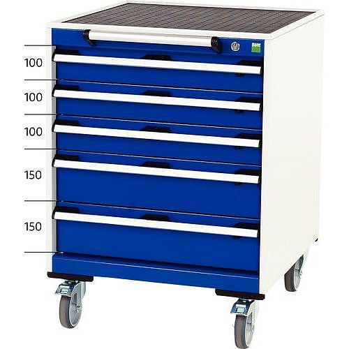 Mobilní zásuvková skříň Bott Cubio, 88.5 x 65 x 65 cm, 5 zásuvek, rohož, šedá-modrá