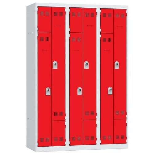 Svařovaná šatní skříň Vinco, dveře Z, 6 oddílů, otočný uzávěr, šedá/červená