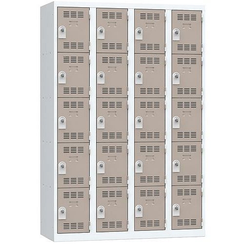 Svařovaná šatní skříň Vinco, 4 sloupce, 20 boxů, 300 mm, otočný uzávěr, šedá/hnědá