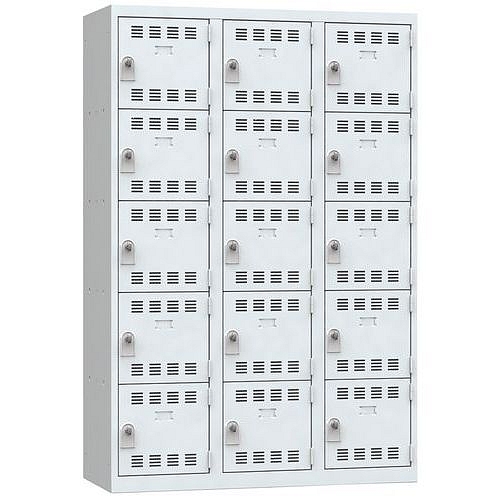 Svařovaná šatní skříň Vinco, 3 sloupce, 15 boxů, 400 mm, otočný uzávěr, šedá/šedá