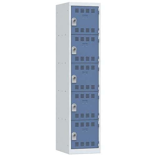 Svařovaná šatní skříň Vinco, 1 sloupec, 5 boxů, 400 mm, otočný uzávěr, šedá/modrá