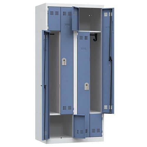 Svařovaná šatní skříň Vinco, dveře Z, 4 oddíly, cylindrický zámek, šedá/modrá