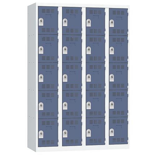Svařovaná šatní skříň Vinco, 4 sloupce, 20 boxů, 300 mm, otočný uzávěr, šedá/modrá
