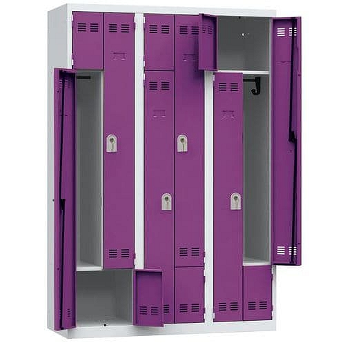 Svařovaná šatní skříň Vinco, dveře Z, 6 oddílů, cylindrický zámek, šedá/fialová