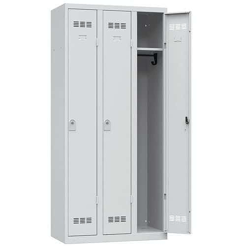 Svařovaná šatní skříň Vinco, 3 oddíly, 300 mm, cylindrický zámek, šedá/šedá/šedá/šedá