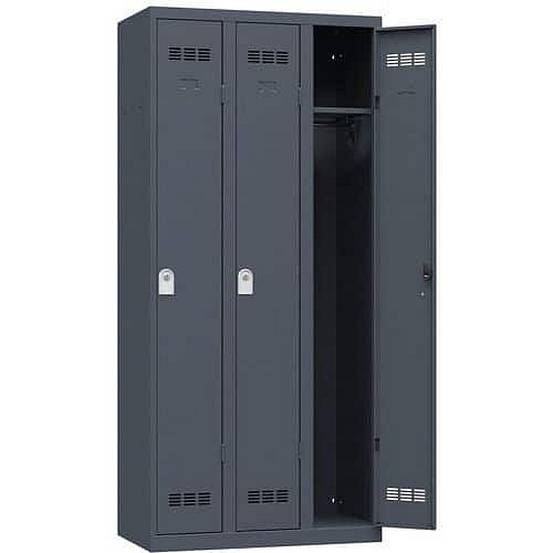 Svařovaná šatní skříň Vinco, 3 oddíly, 300 mm, cylindrický zámek, antracit/antracit