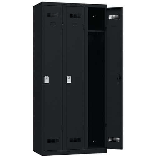 Svařovaná šatní skříň Vinco, 3 oddíly, 300 mm, cylindrický zámek, černá/černá