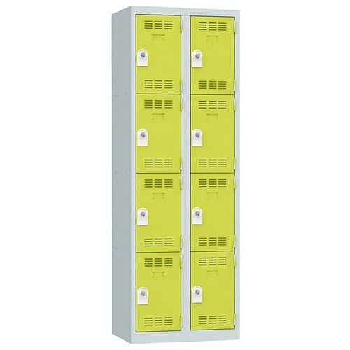 Svařovaná šatní skříň Vinco, 2 sloupce, 8 boxů, 300 mm, otočný uzávěr, šedá/zelená