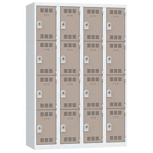 Svařovaná šatní skříň Vinco, 4 sloupce, 16 boxů, 300 mm, otočný uzávěr, šed??/hnědá