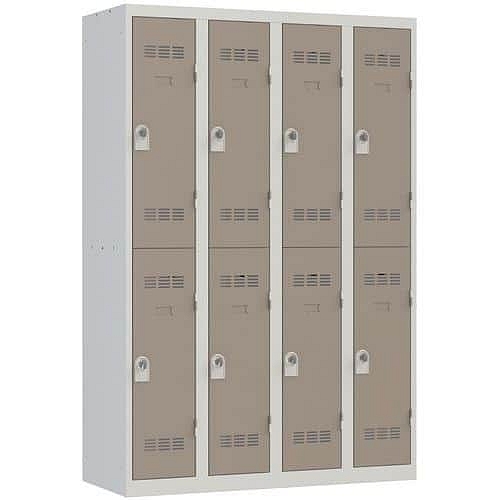 Svařovaná šatní skříň Vinco, 4 sloupce, 8 boxů, 300 mm, otočný uzávěr, šedá/hnědá