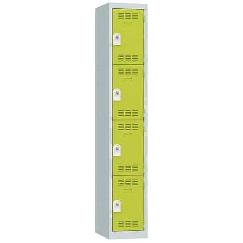 Svařovaná šatní skříň Vinco, 1 sloupec, 4 boxy, 300 mm, otočný uzávěr, šedá/zelená