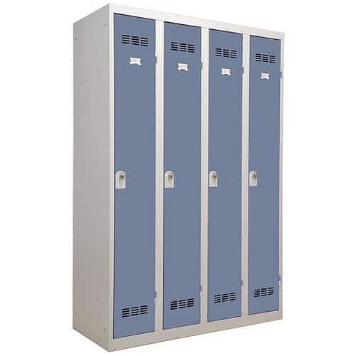 Svařovaná šatní skříň Vinco, 4 oddíly, 300 mm, otočný uzávěr, šedá/modrá