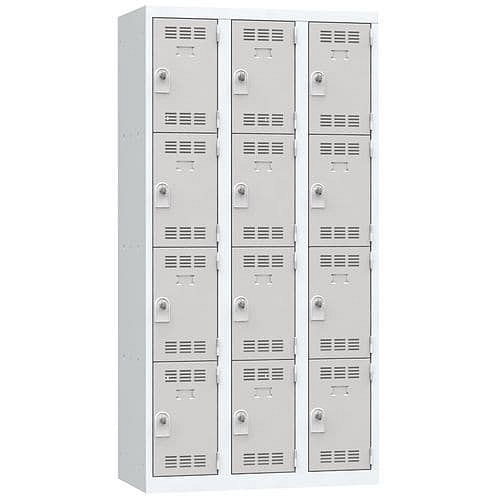 Svařovaná šatní skříň Vinco, 3 sloupce, 12 boxů, 300 mm, otočný uzávěr, šedá/šedá