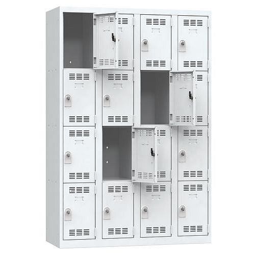 Svařovaná šatní skříň Vinco, 4 sloupce, 16 boxů, 300 mm, oto??ný uzávěr, šedá/šedá