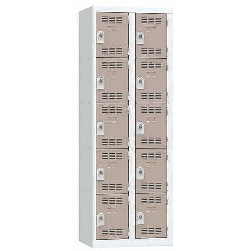 Svařovaná šatní skříň Vinco, 2 sloupce, 10 boxů, 300 mm, otočný uzávěr, šedá/hnědá