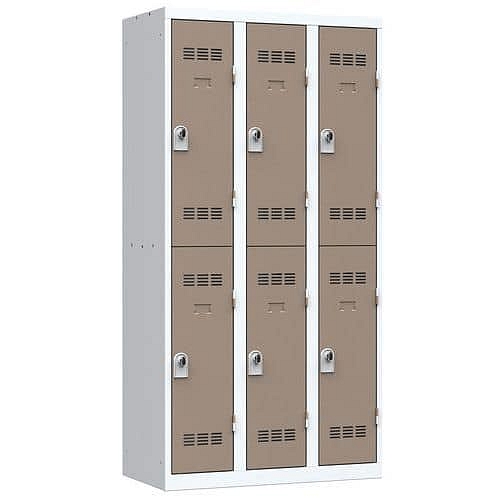 Svařovaná šatní skříň Vinco, 3 sloupce, 6 boxů, 300 mm, otočný uzávěr, šedá/hnědá