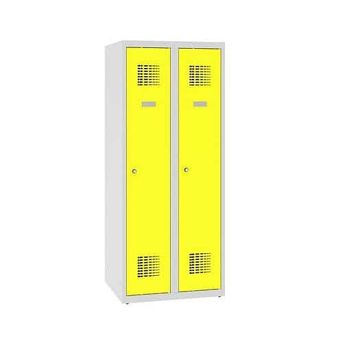 Snížená školní šatní skříň, 2 sloupce, 300 mm, šedá/žlutá, tříbodový cylindrický zámek