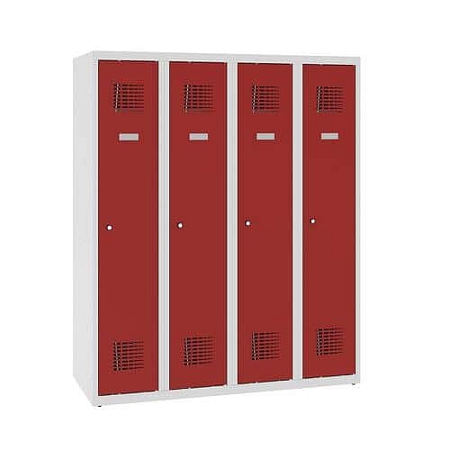 Snížená školní šatní skříň, 4 sloupce, 300 mm, šedá/červená, tříbodový cylindrický zámek